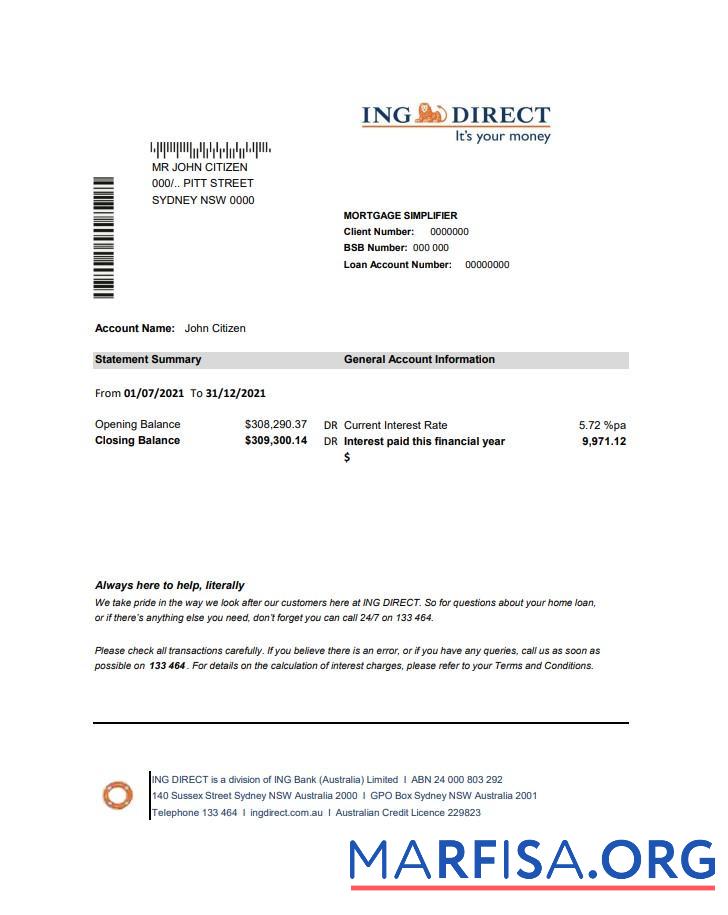Realistic Australia ING Direct bank statement excel real example